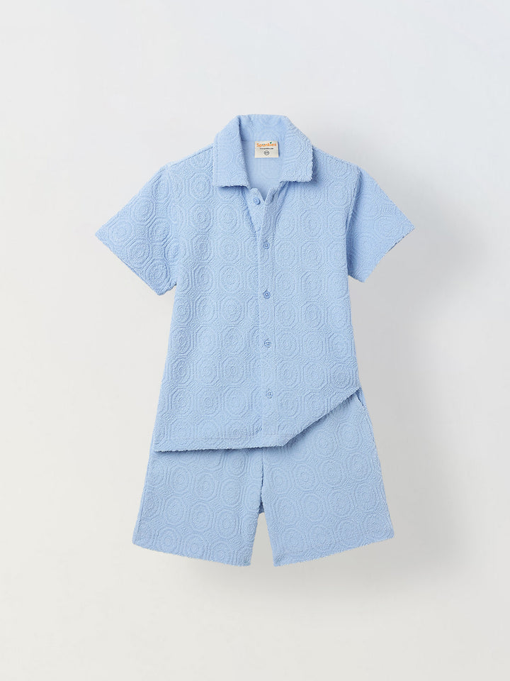 Boys Cotton Jacquard Blue Polo T-shirt and Shorts Set