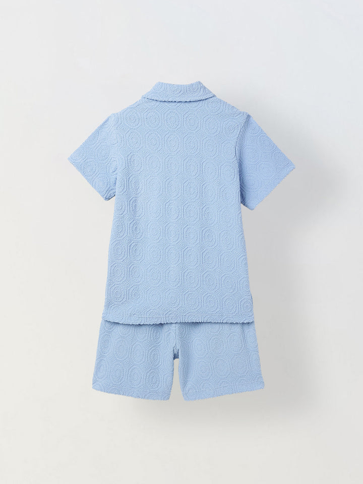 Boys Cotton Jacquard Blue Polo T-shirt and Shorts Set