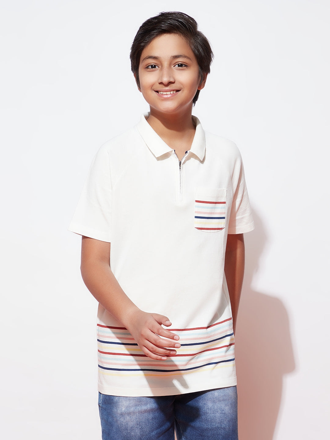 White Stretched Polo Zip For Teen Boys