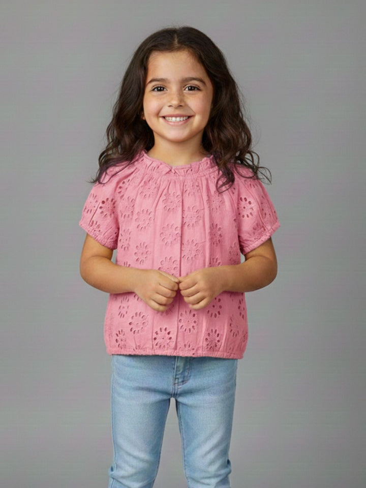 Girls Pink Round Neck Schiffli Top