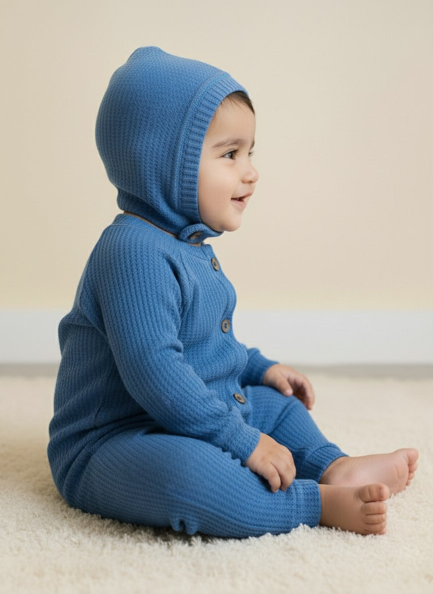 Infant Baby Blue Full Body Romper With Cap