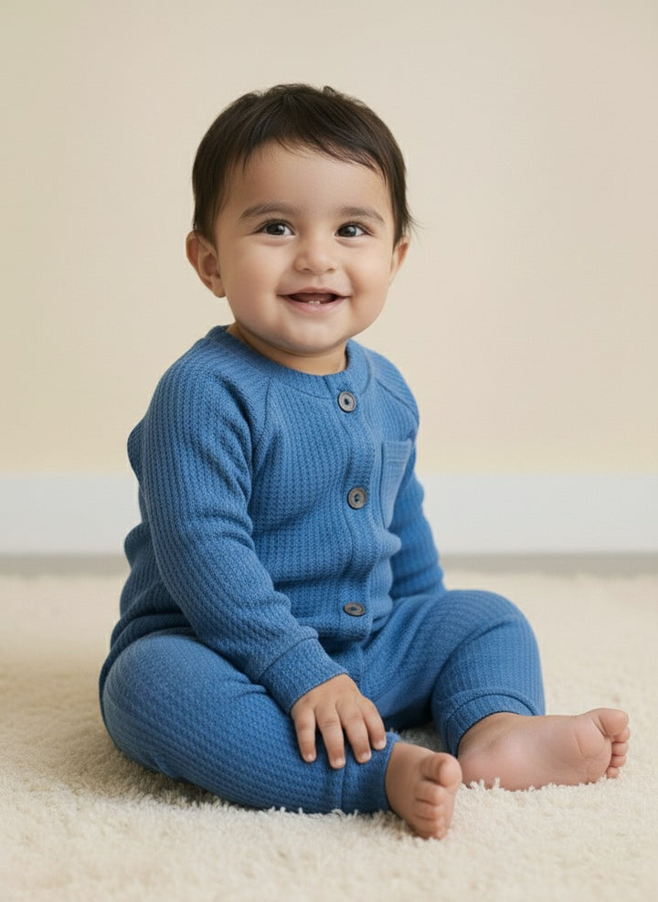 Infant Baby Blue Full Body Romper With Cap