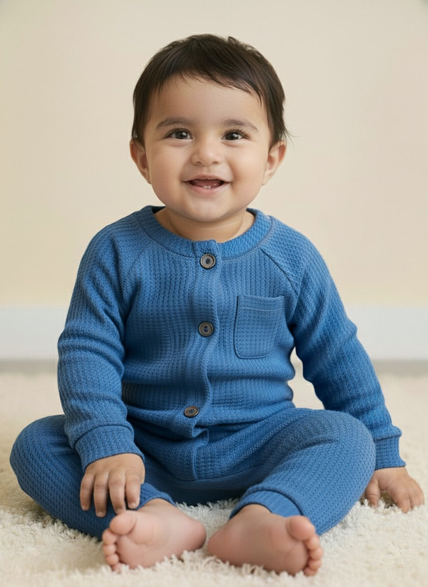 Infant Baby Blue Full Body Romper With Cap