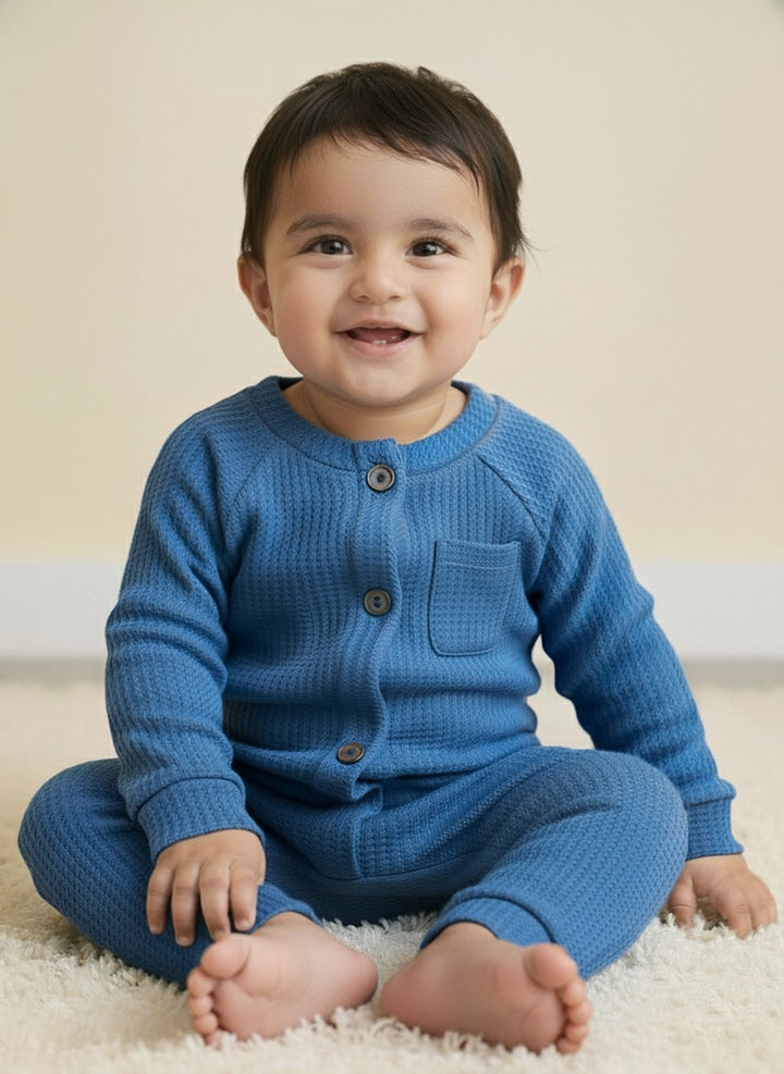 Infant Baby Blue Full Body Romper With Cap