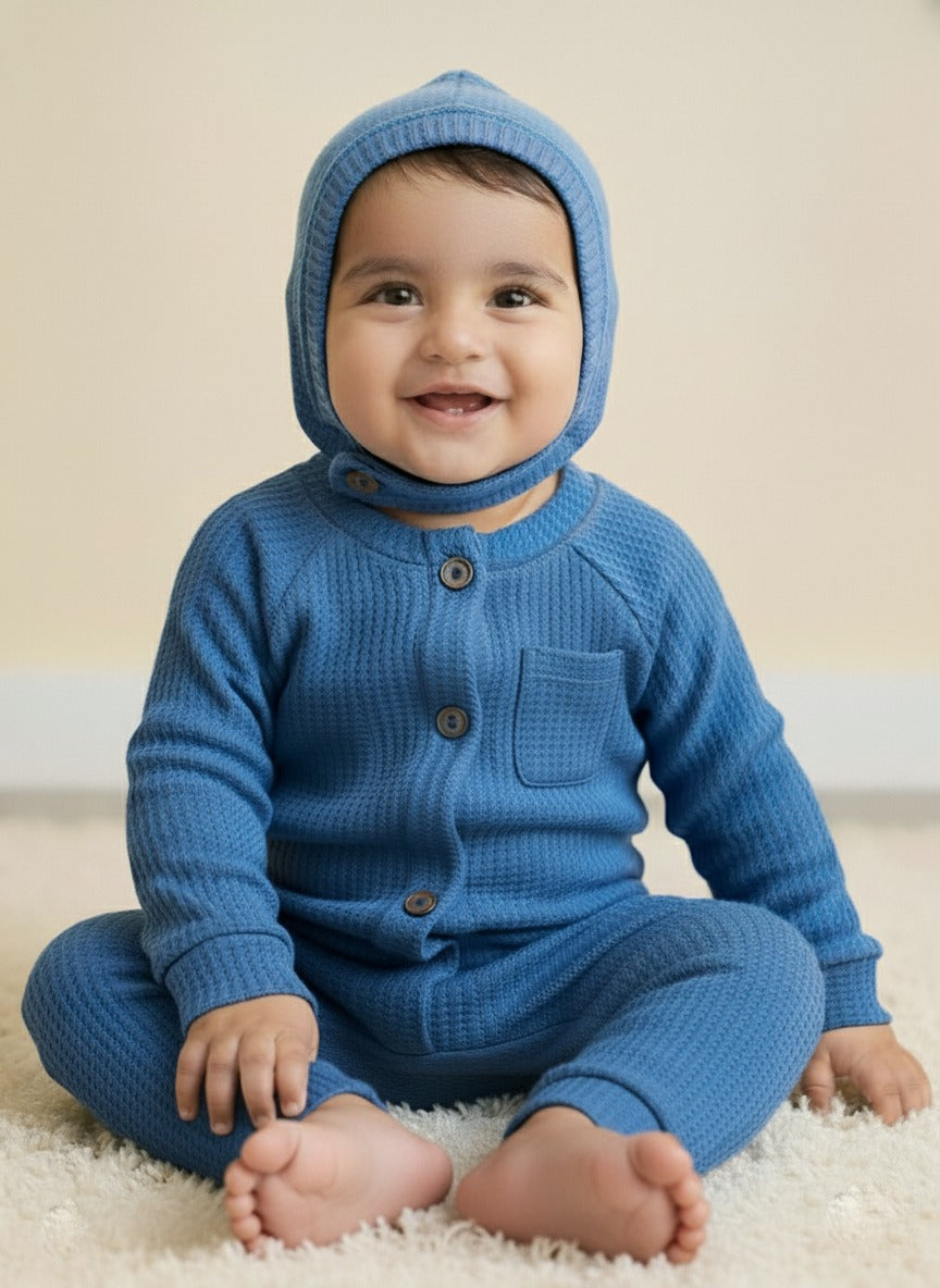 Infant Baby Blue Full Body Romper With Cap