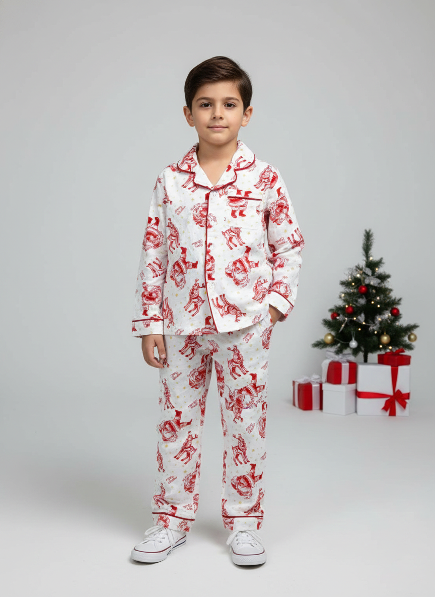 Kids Red & White Santa Print Christmas Pajamas Set