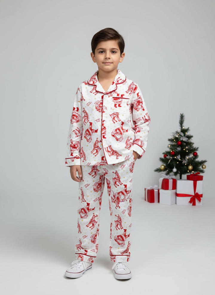 Kids Red & White Santa Print Christmas Pajamas Set