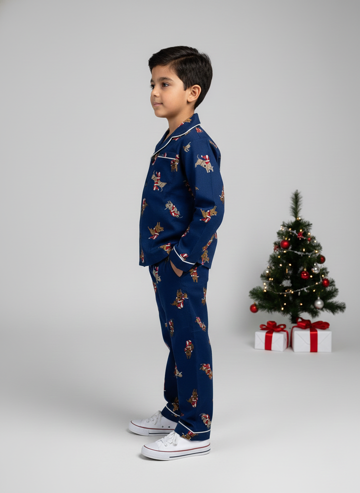 Kids Blue Santa Print Christmas Pajamas Set