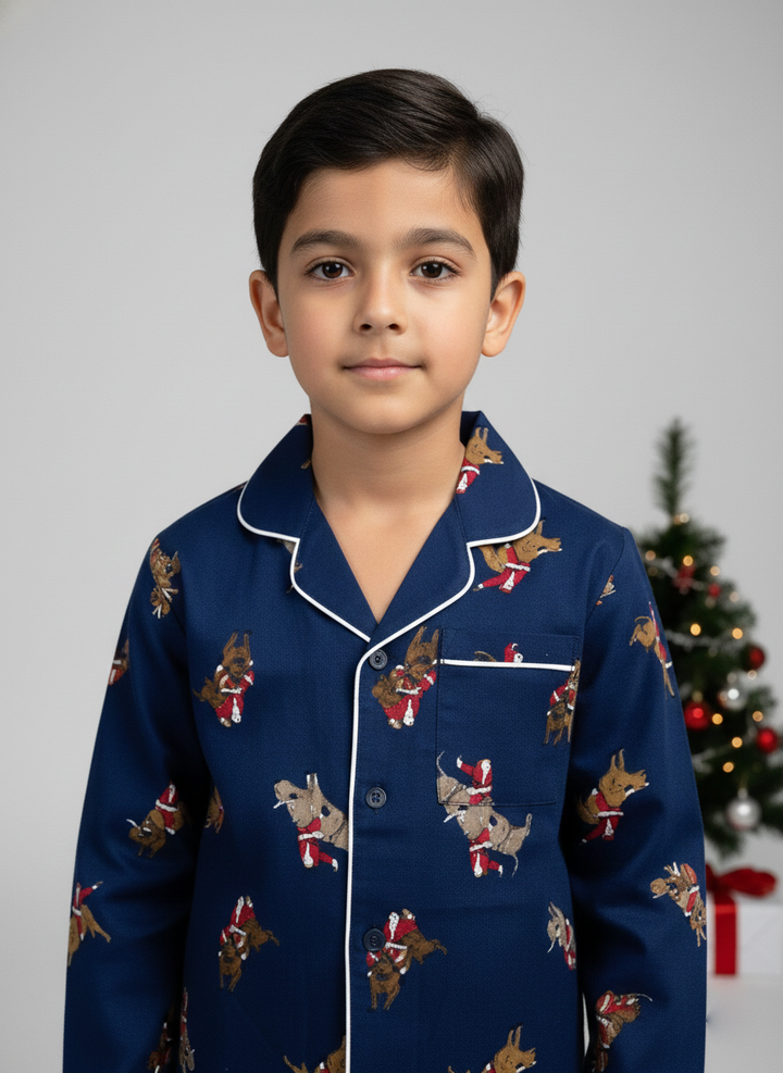 Kids Blue Santa Print Christmas Pajamas Set