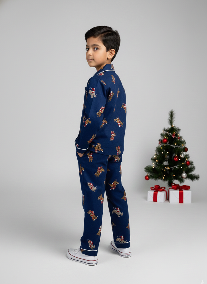 Kids Blue Santa Print Christmas Pajamas Set