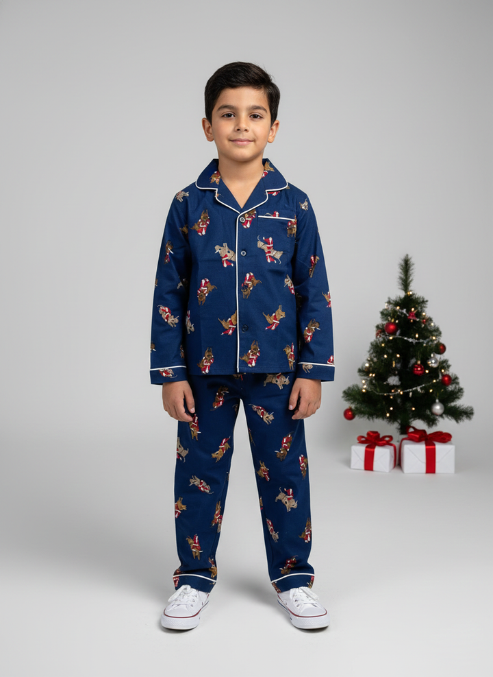 Kids Blue Santa Print Christmas Pajamas Set