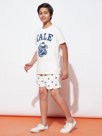 Teen Boys' White Yale Print Round Neck T-Shirt and Shorts Set