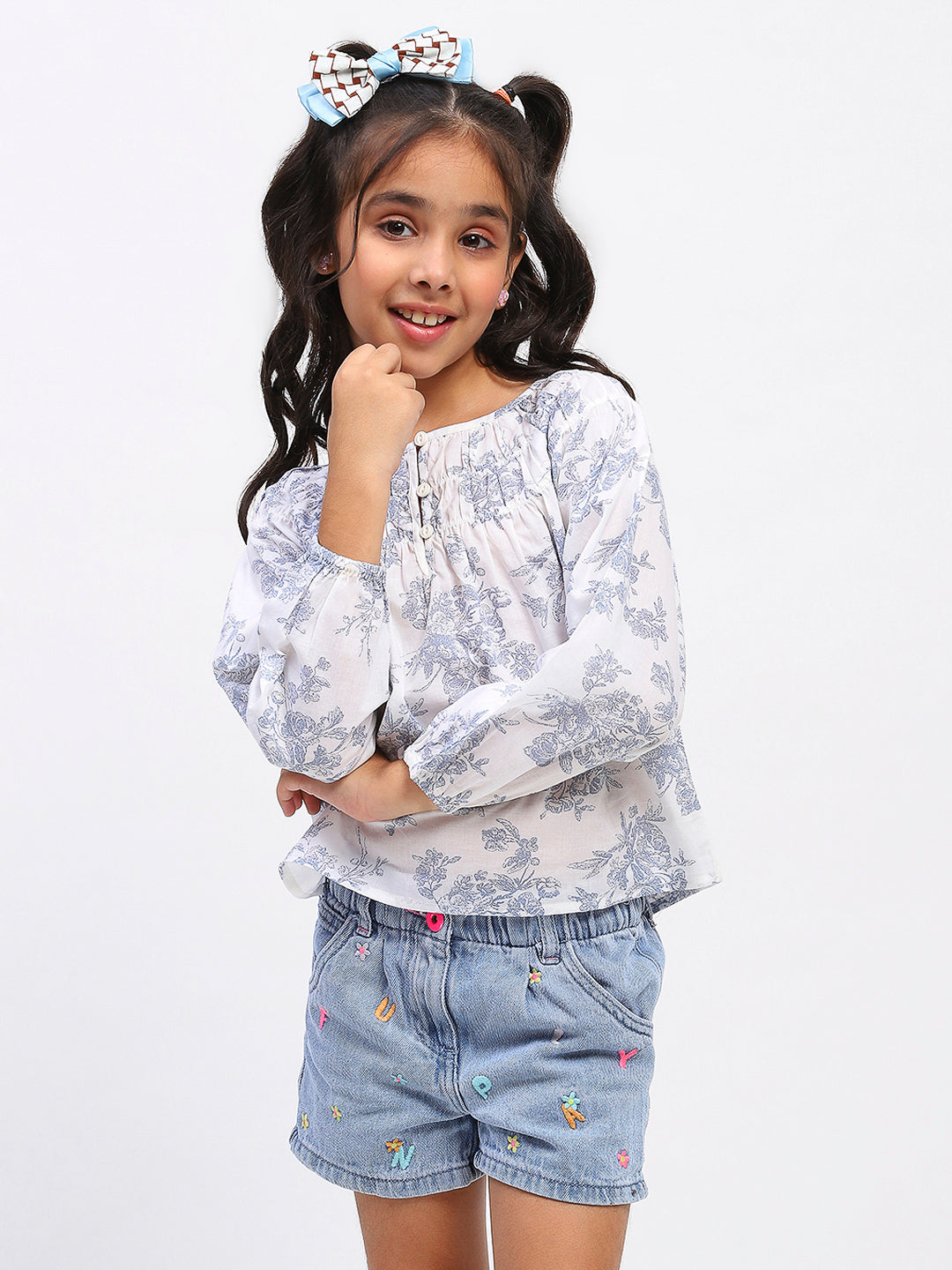 Girls White Cotton Printed Top
