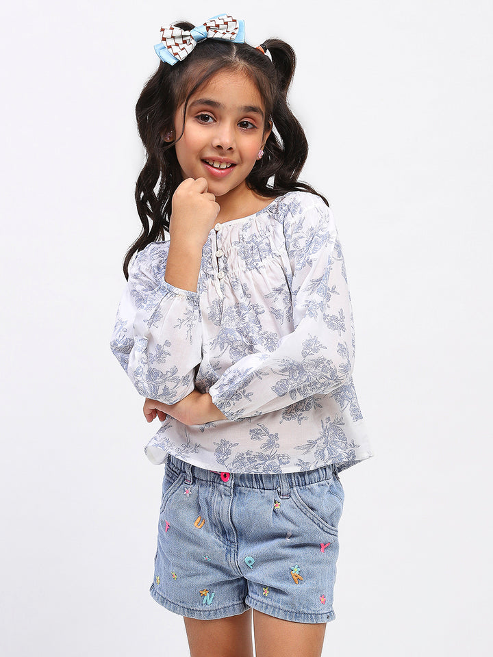 Girls White Cotton Printed Top