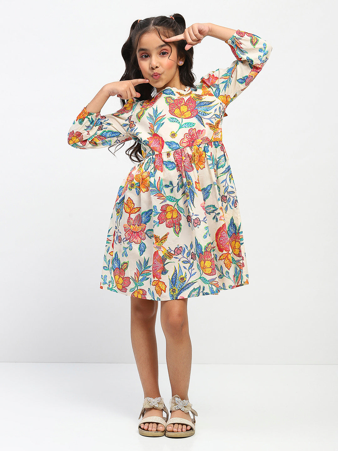 Girls MultiColor Collar Neck Floral Printed Dress