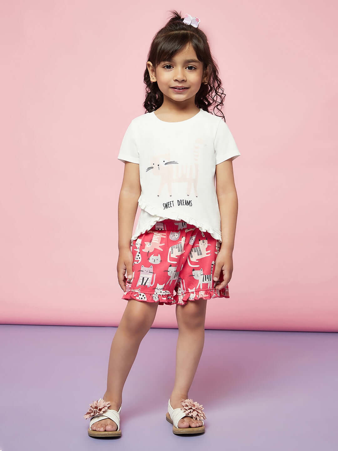 Kid Girl Cat Print Night Suit Girls