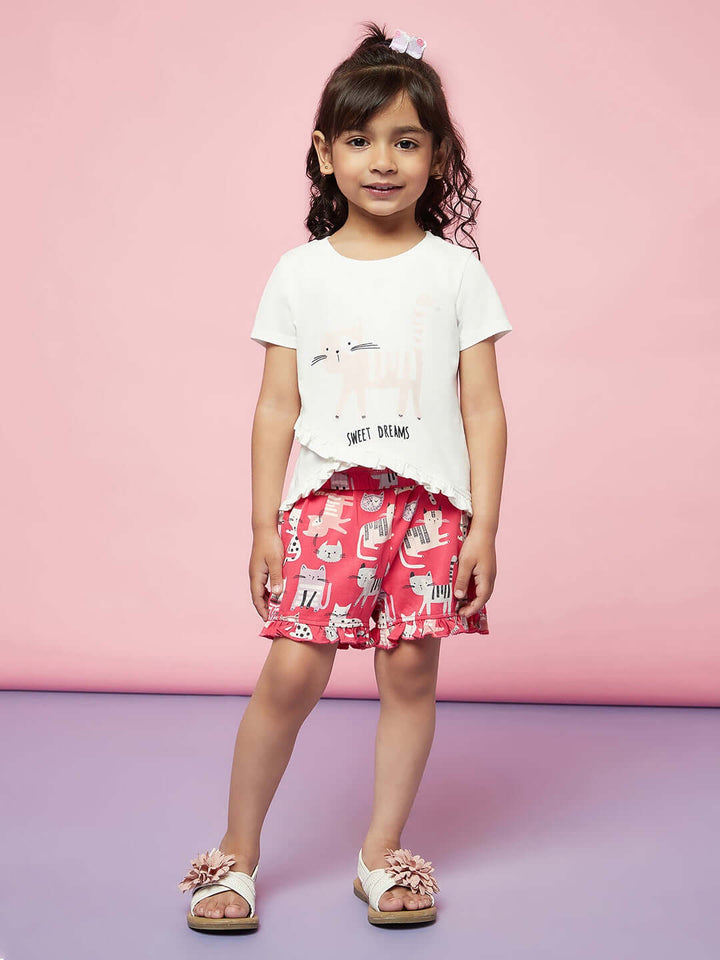 Kid Girl Cat Print Night Suit Girls