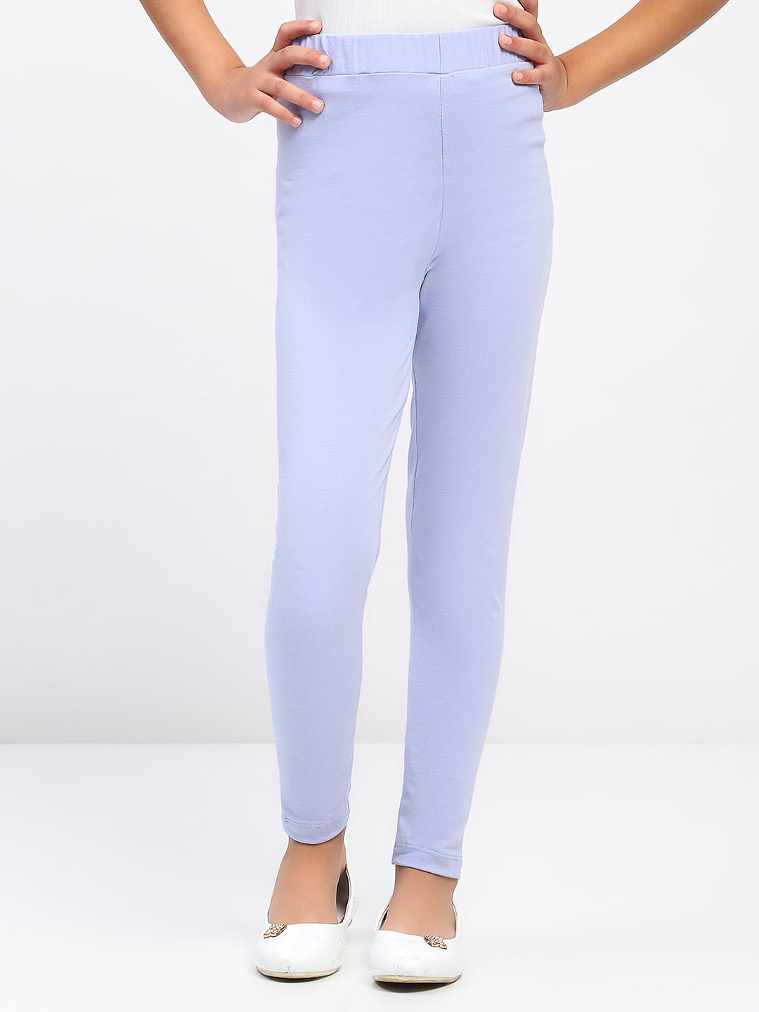 Girls Solid Sky Blue Cotton Leggings