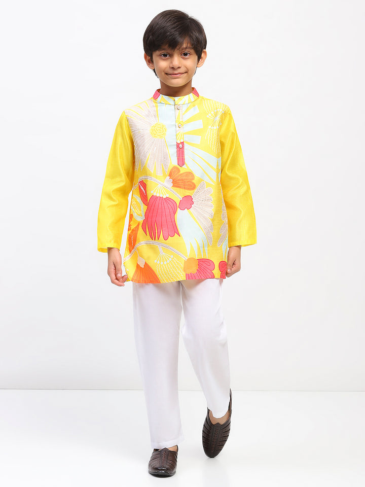 Boys Yellow Cotton Printed Ethnic Kurta Pajama Set