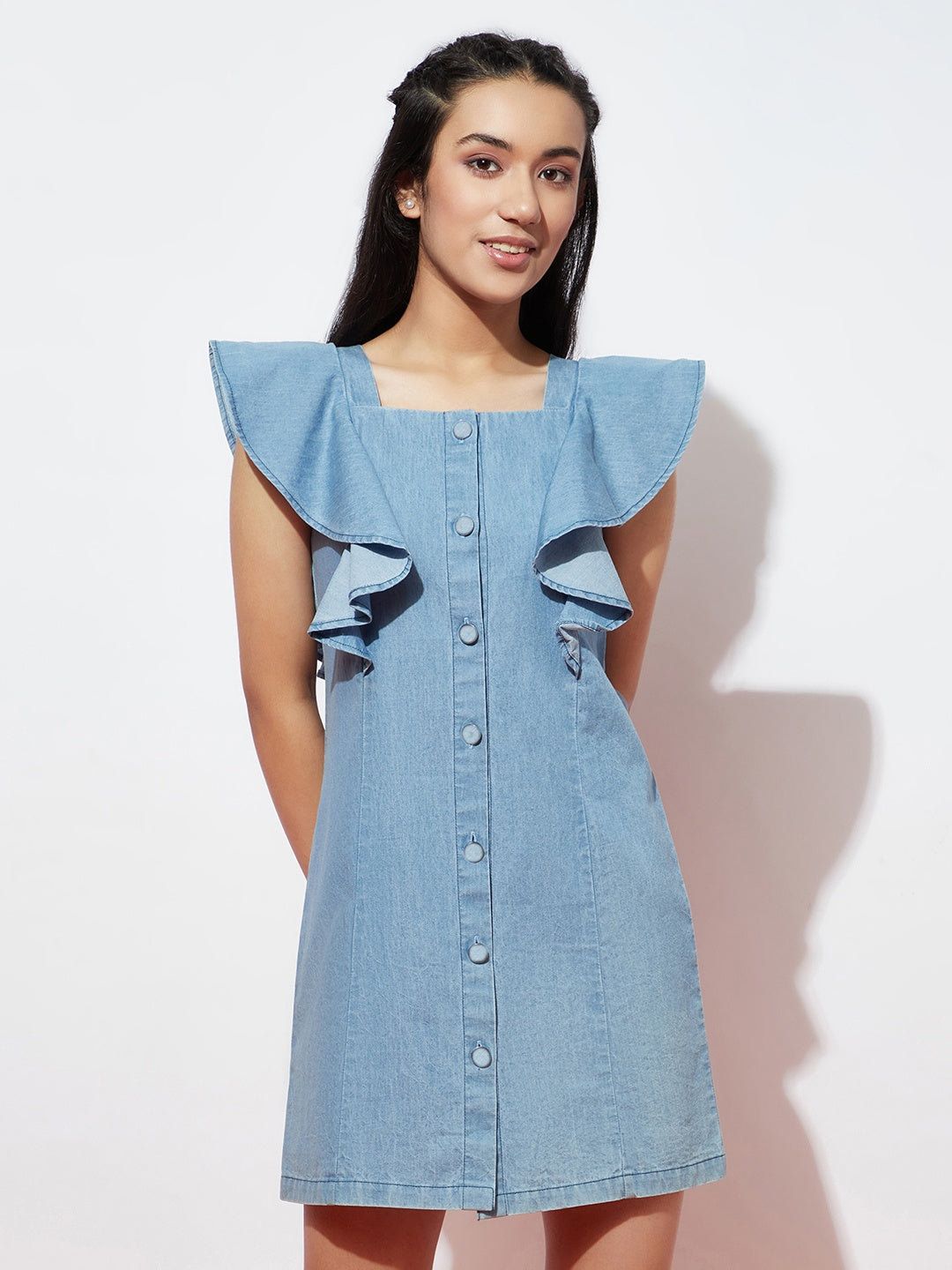 Ice Blue Denim Flutter Sleeve Dress with Metal Buttons