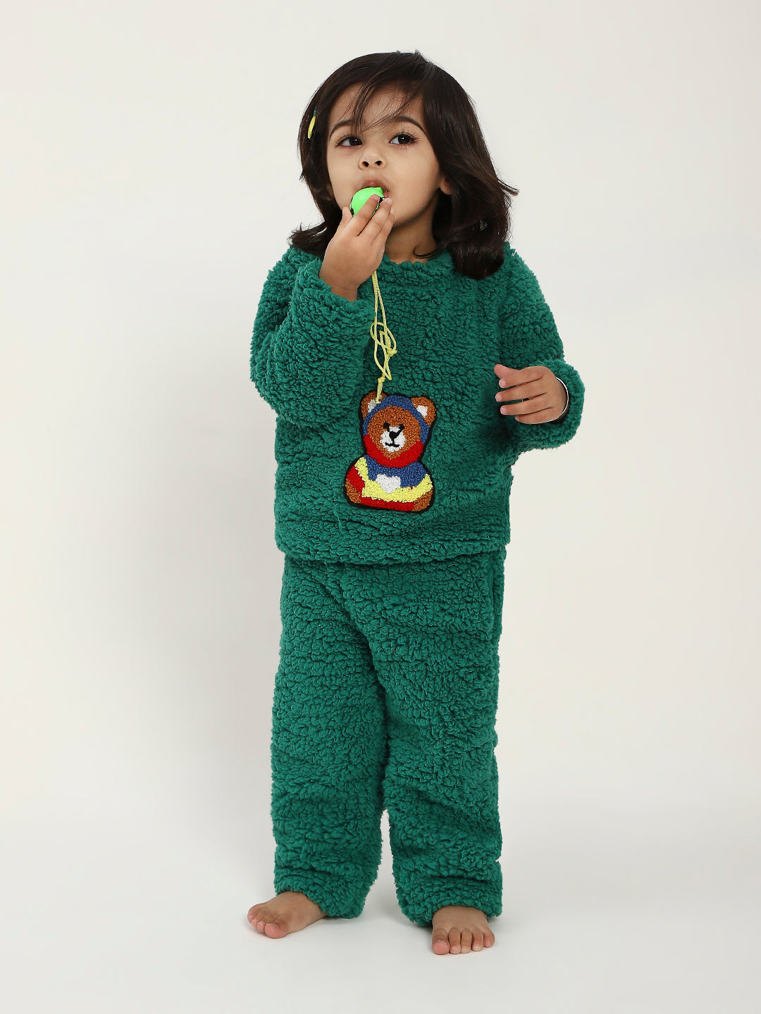Green Teddy Embroidered Winter Fleece Co-ord Set for Kids