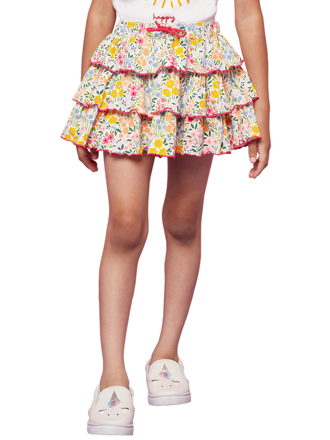 Kid Girls' Sun Print White T-Shirt and Colorful Printed Skirt