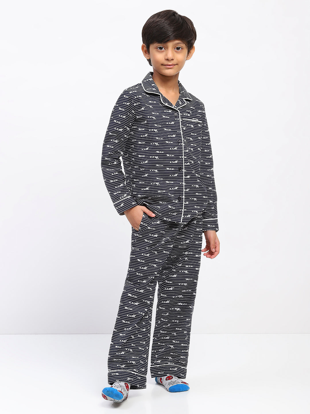 Boys Black Printed Night Suit Shirt & Pyjama Set