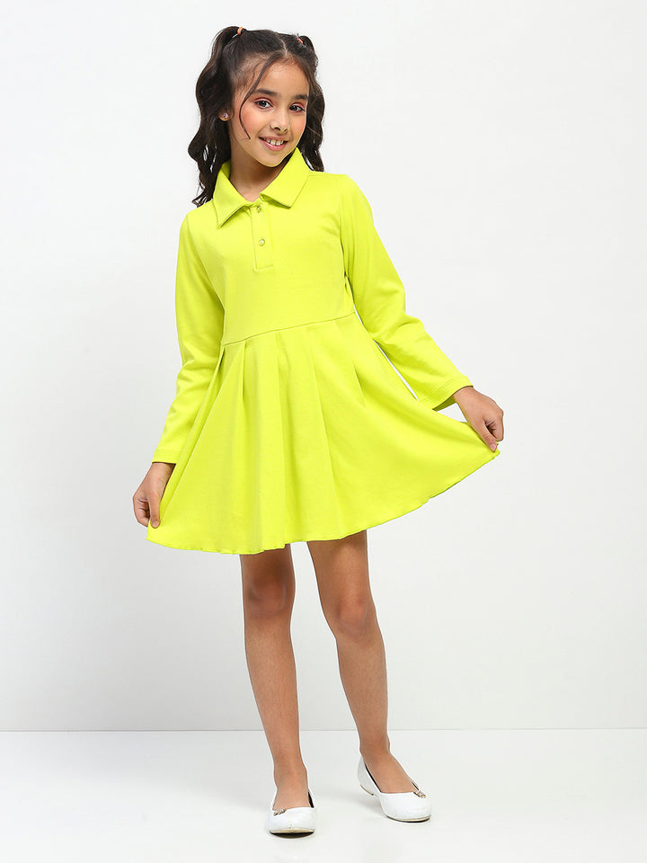 Girls Cotton Lime Green Polo Neck Pleated Dress