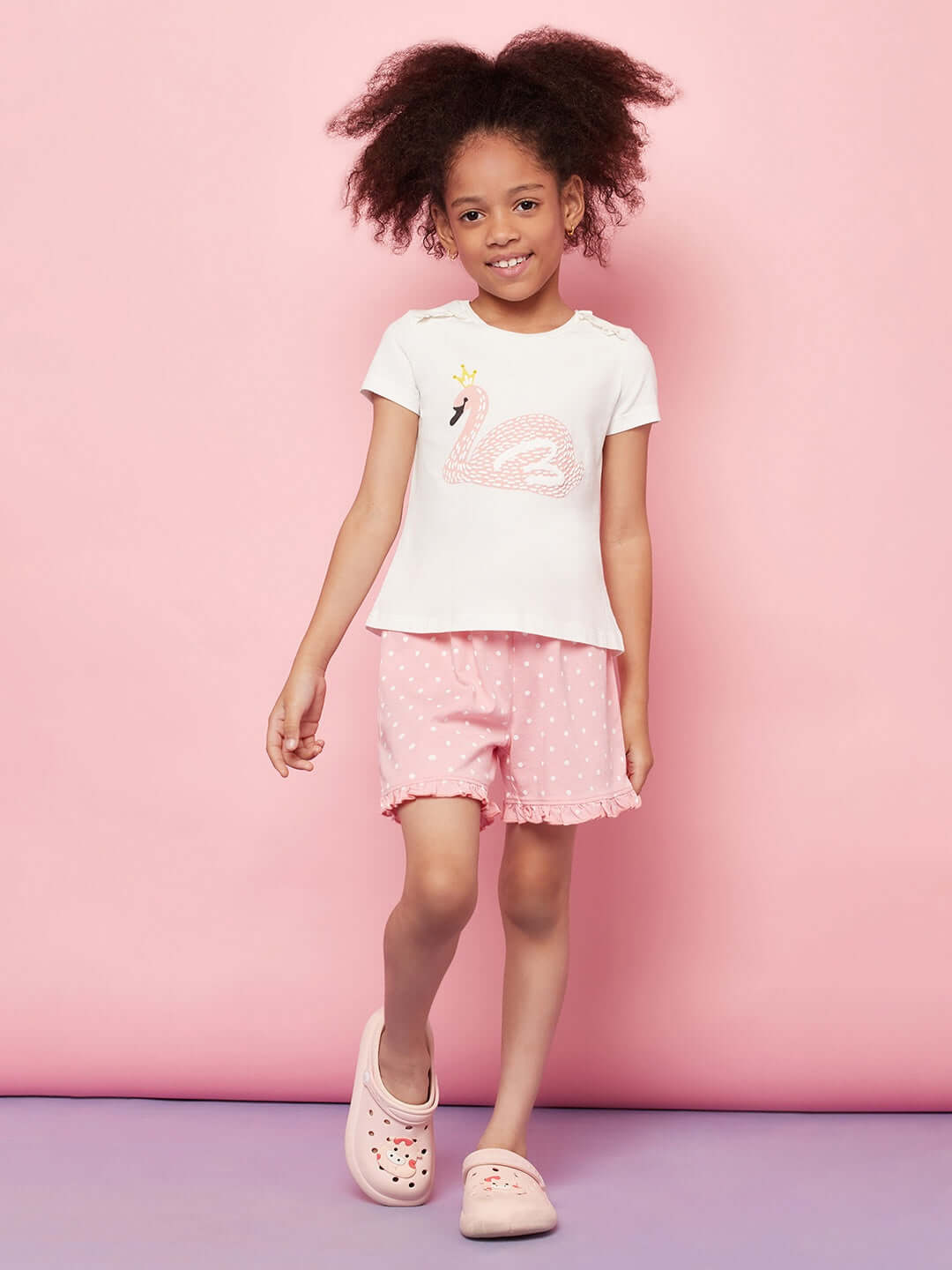 Swan Print Night Suit For Kid Girls