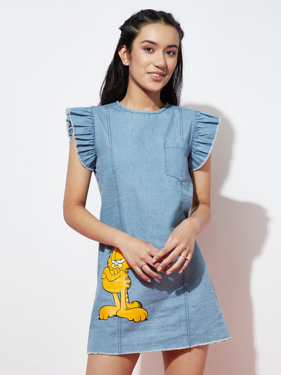 Ice Blue Denim Fringed Sleeve with Garfield Print