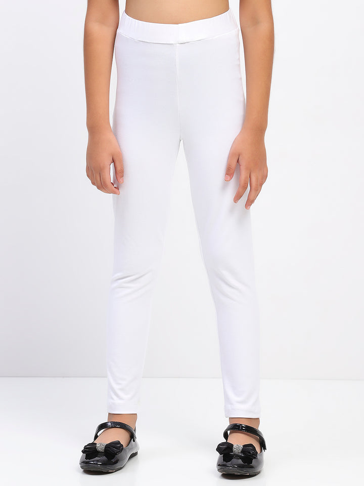 Girls Solid White Cotton Leggings