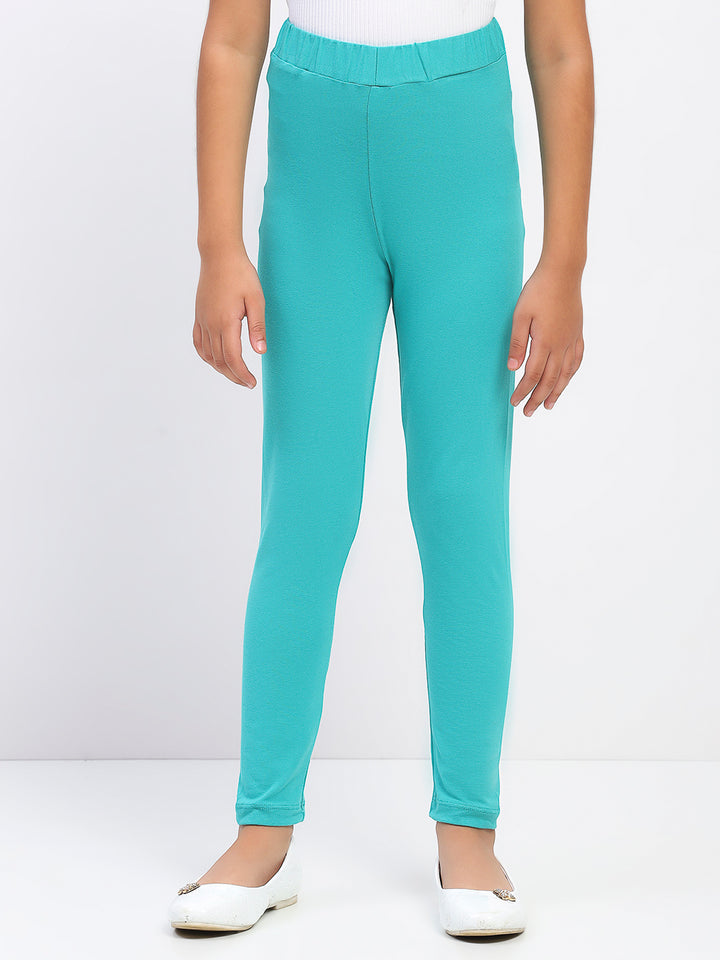 Girls Solid Green Cotton Leggings