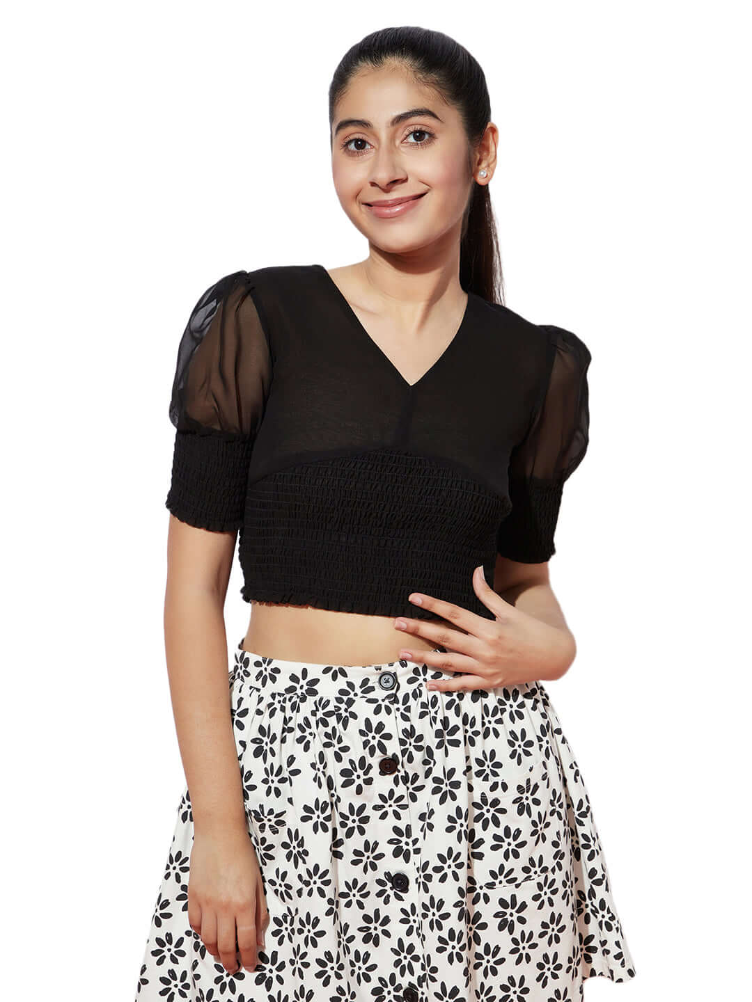 Black Swan Puff Sleeve Crop Top with White-Black Printed Skirt