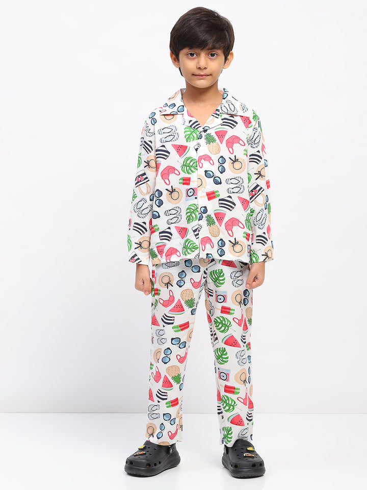 Boys White Collar Neck Printed Nightwear Co-Ord Set