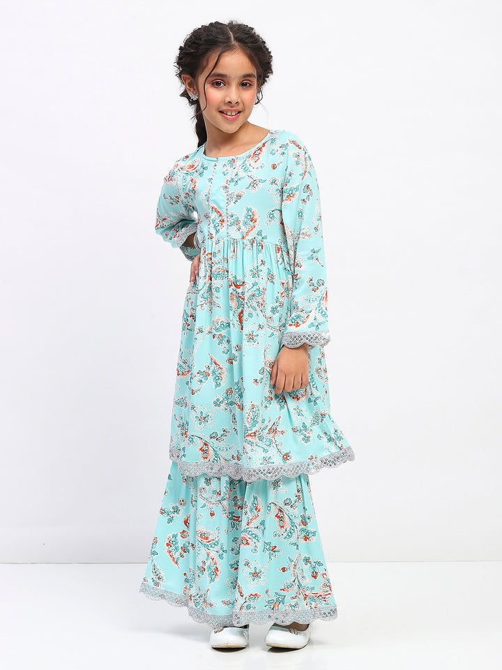 Girls Floral Print Ethnic Tiered  Kurta and Sharara Set
