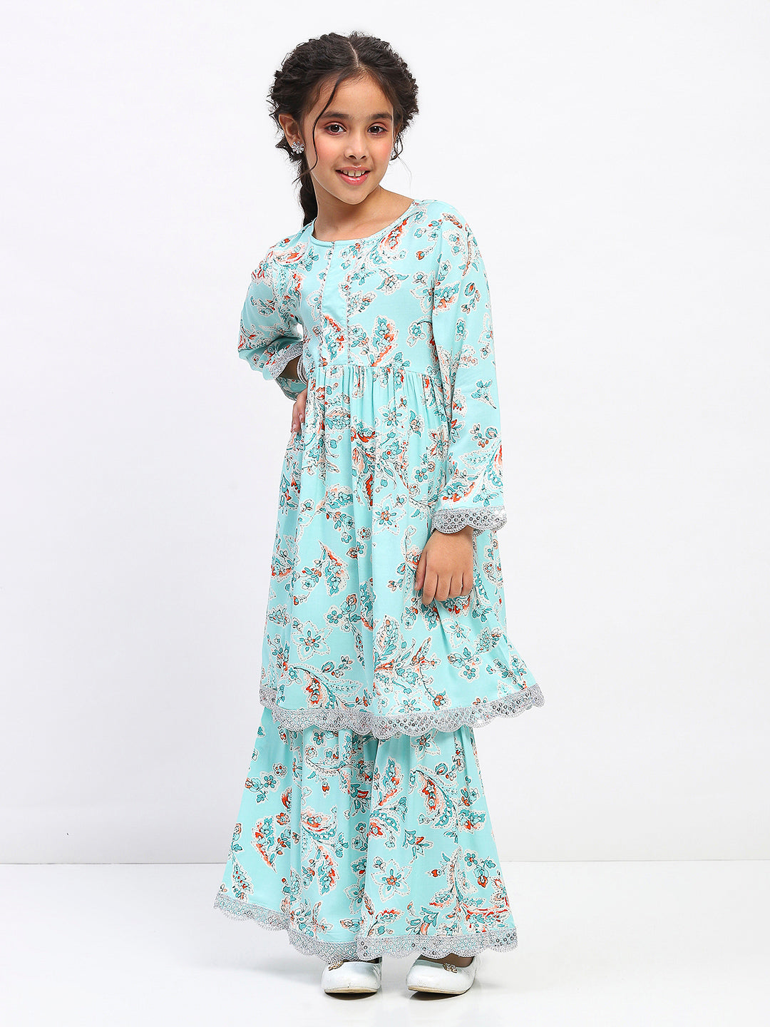 Girls Floral Print Ethnic Tiered  Kurta and Sharara Set
