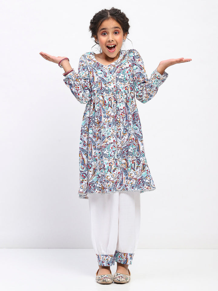 Girls Full Sleeve Paisley Print Ethnic Kurta and Bottom Set