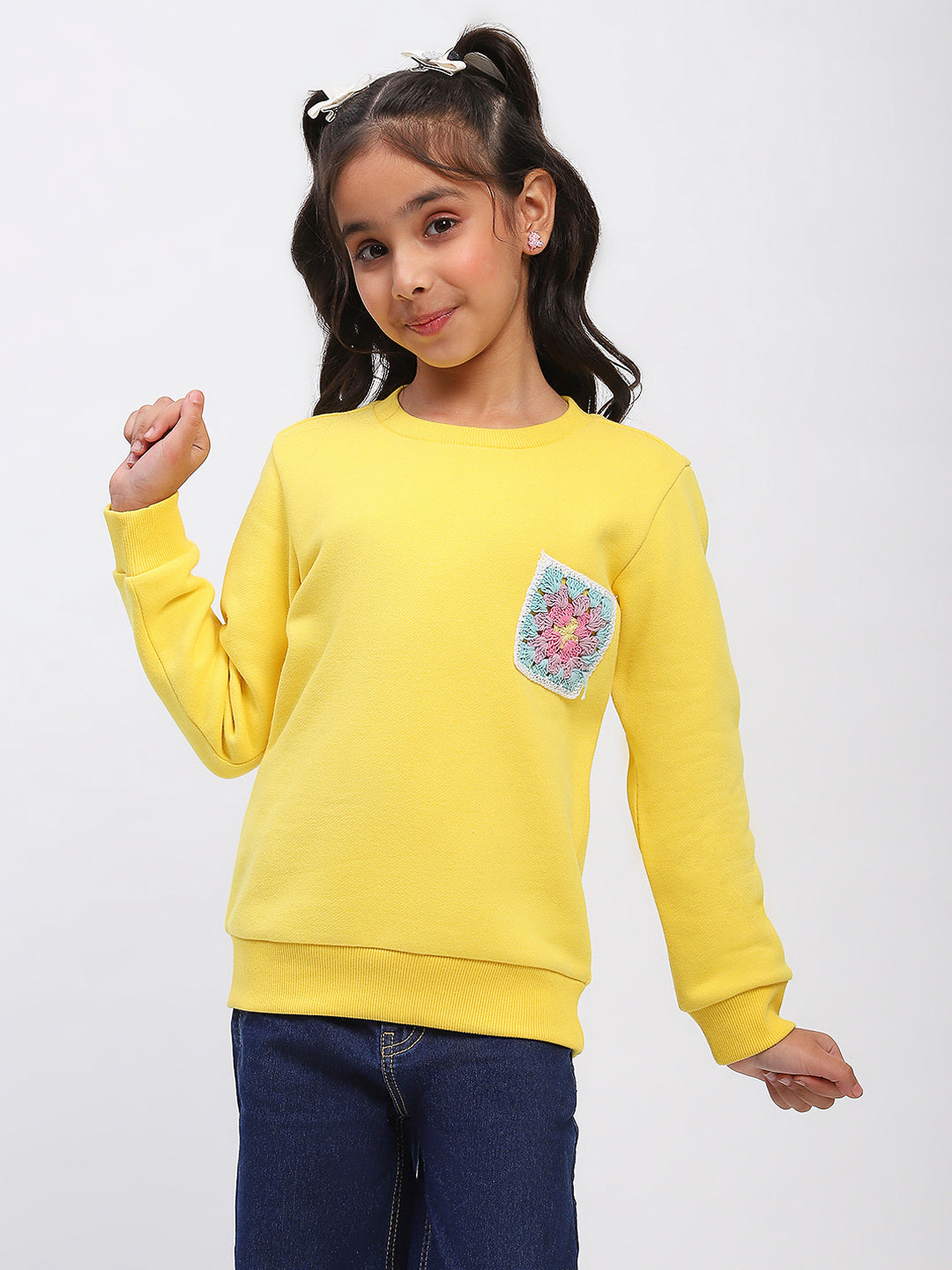 Girls Yellow Embroidered Floral Pocket Sweatshirt