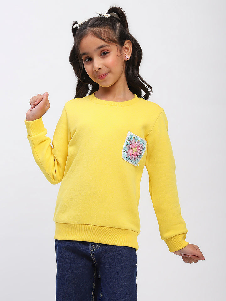 Girls Yellow Embroidered Floral Pocket Sweatshirt