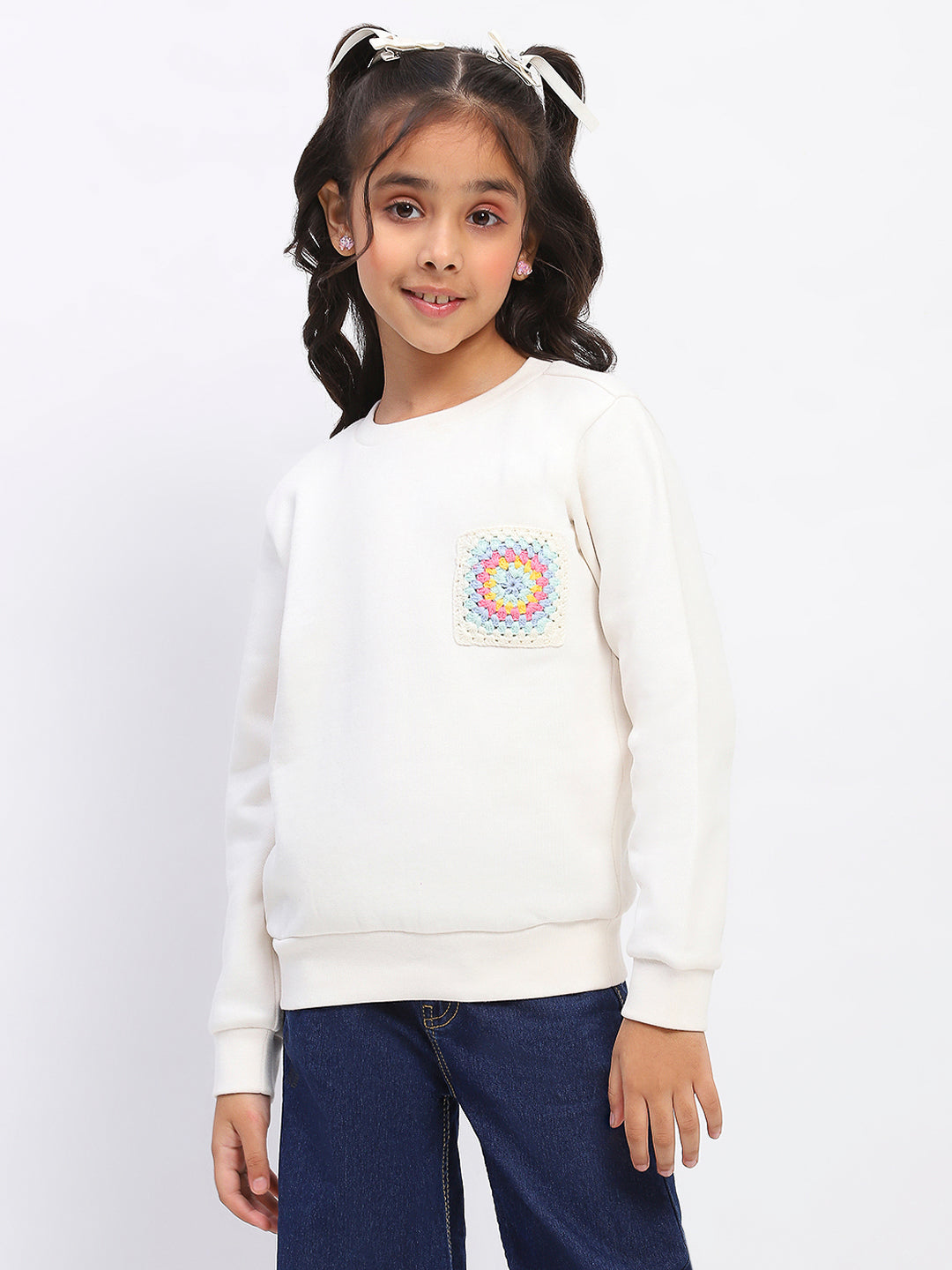 Girls White Embroidered Floral Pocket Sweatshirt