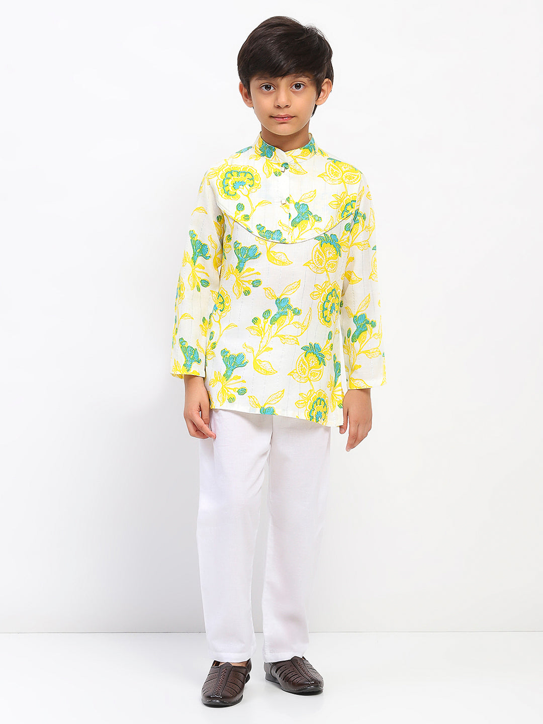 Boys White Cotton Printed Ethnic Kurta Pajama Set