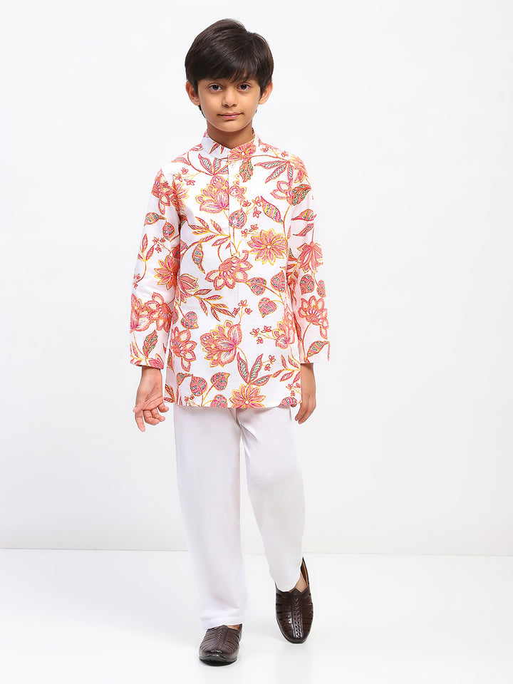 Boys Cotton Floral Print  Ethnic Kurta Pajama Set