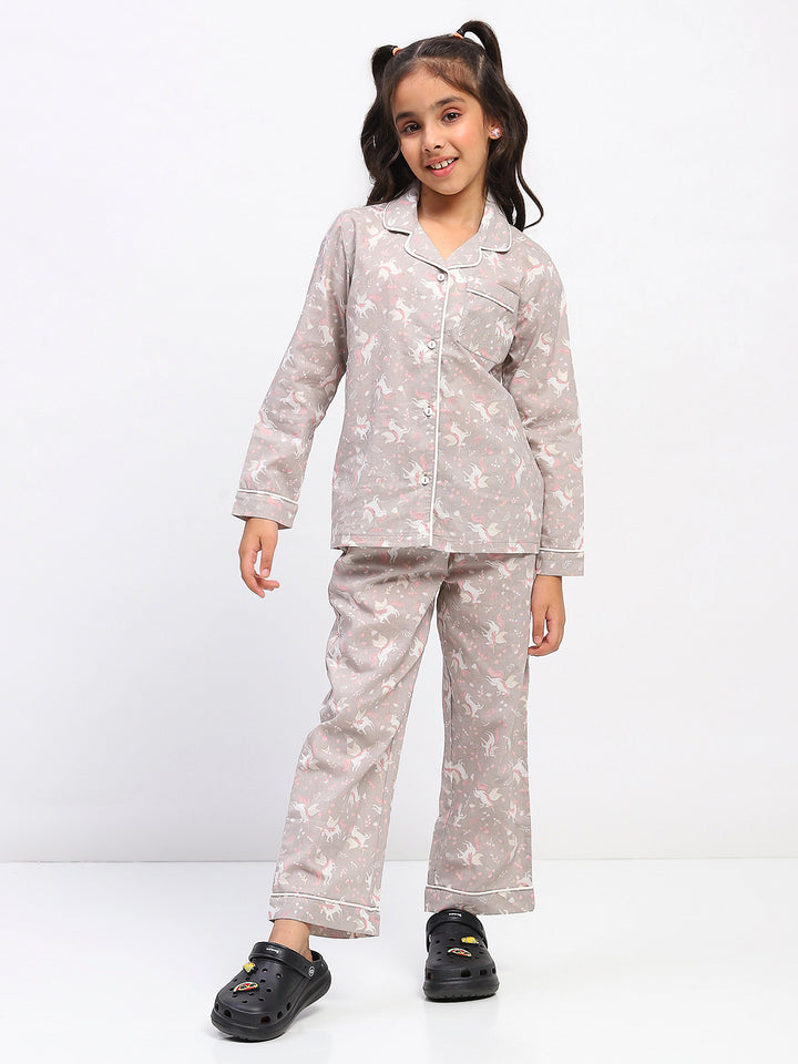 Girls Grey Printed Night Suit Shirt & Pyjama Set