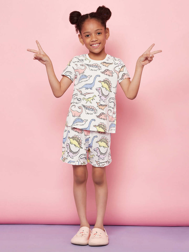Dino Print Night Suit For Kid Girls