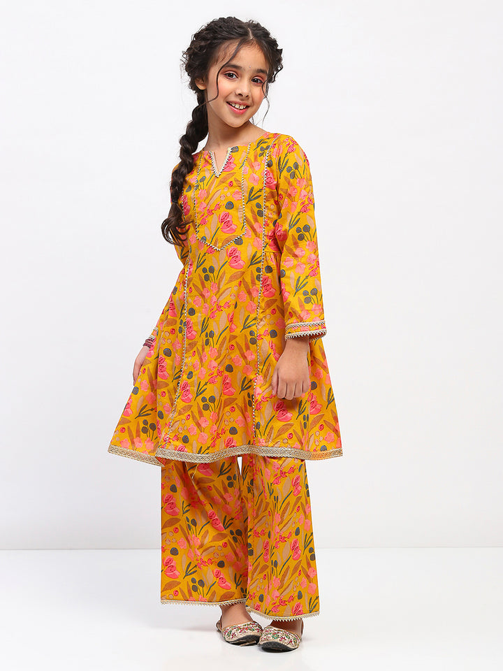 Girls Yellow Floral Print Ethnic Kurta and Palazzo Set