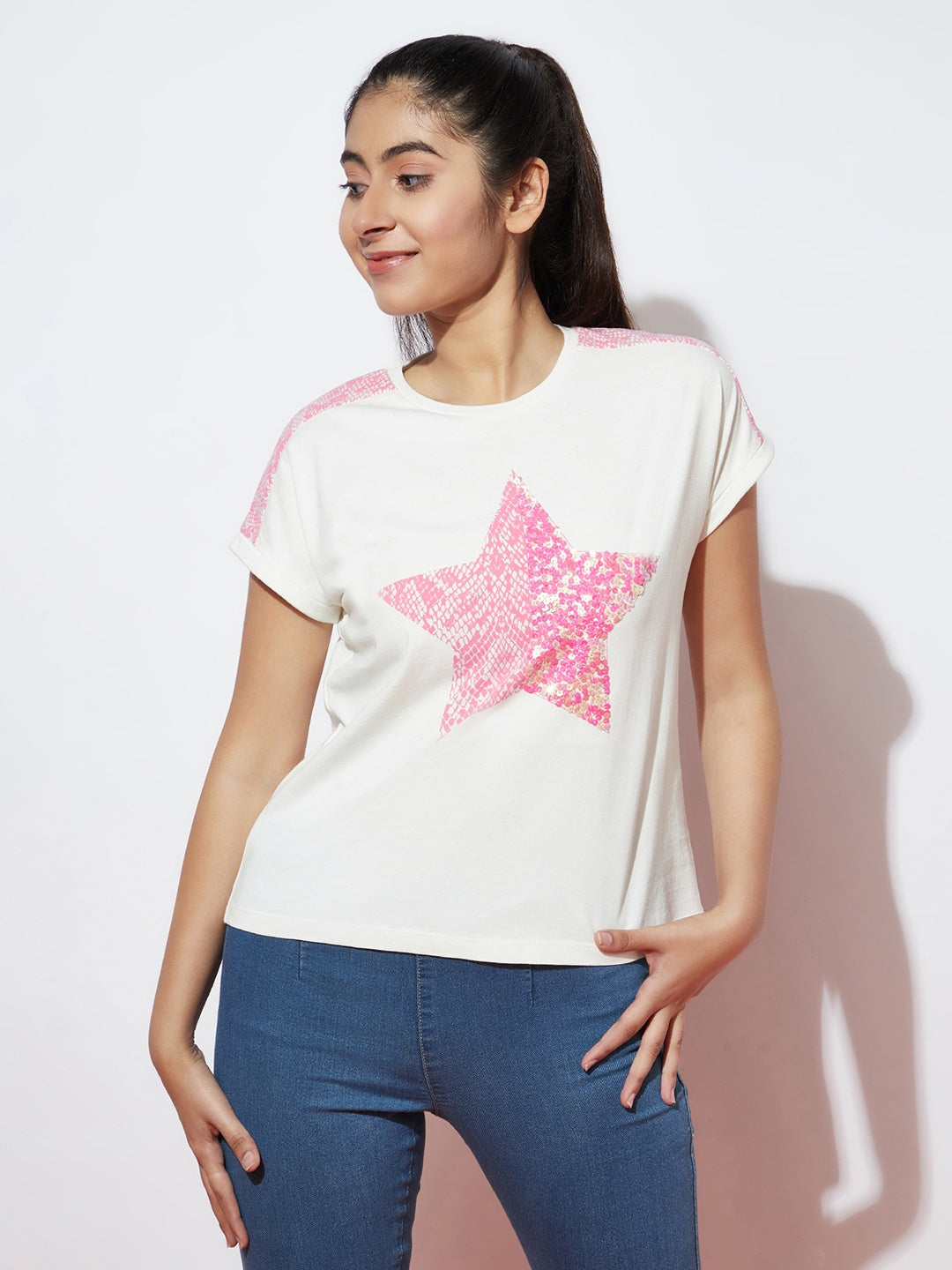 Pink Star Sequence Top For Girls
