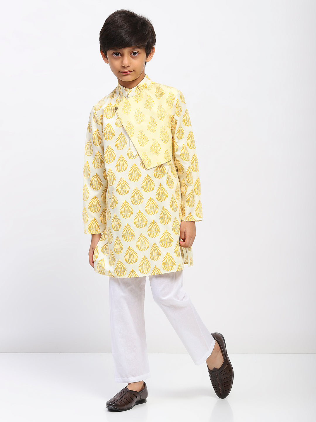 Boys White Poplin Cotton Printed Ethnic Kurta Pajama Set