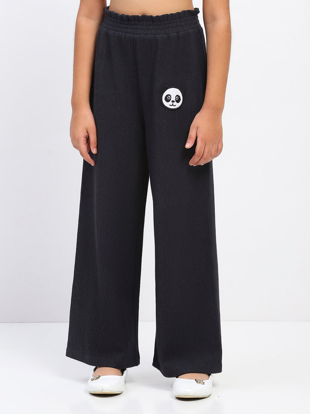 Girls Black Wide-Leg Pants with Panda Patch