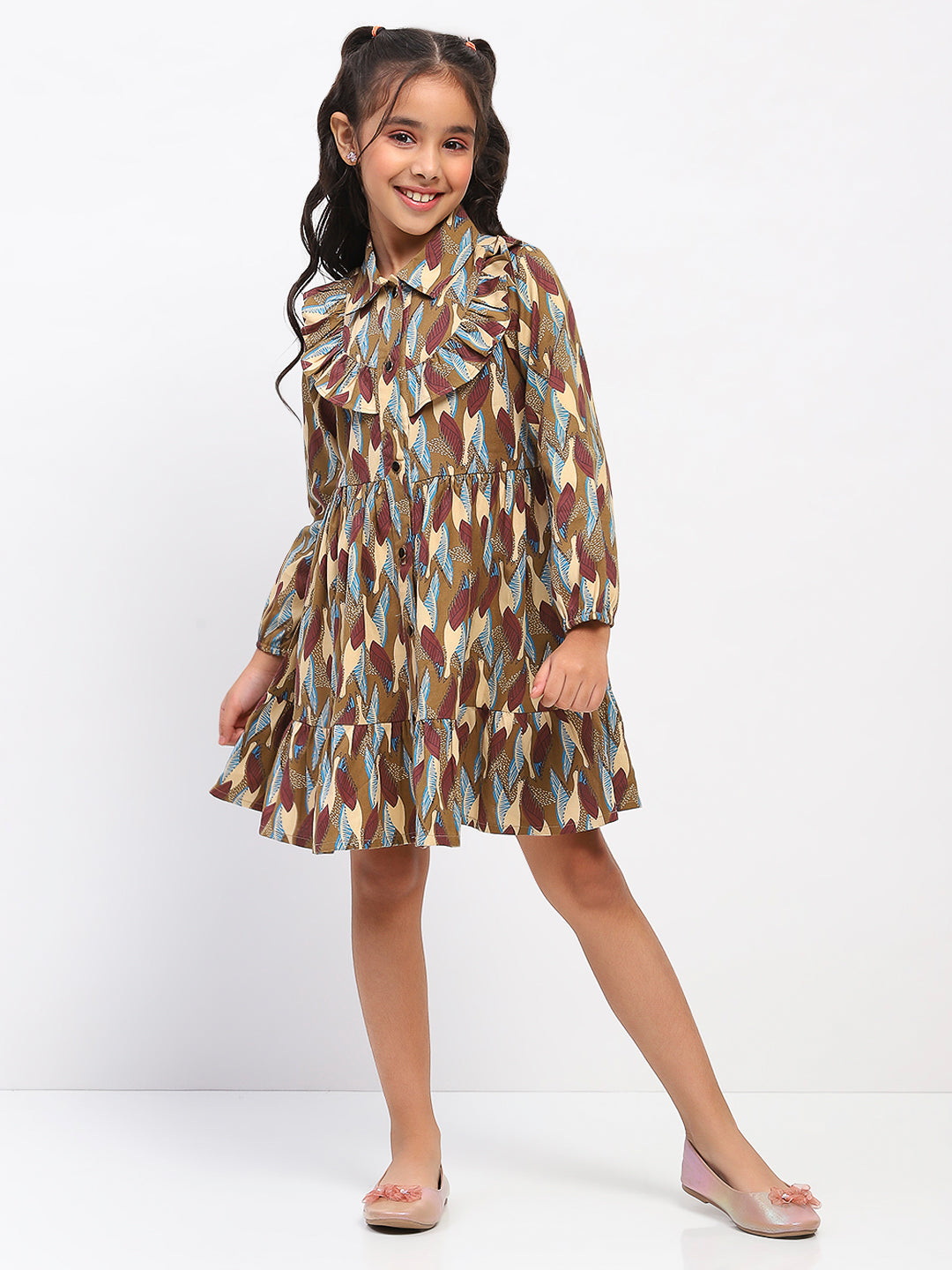 Girls Brown Abstract Print Fit and Flare Dress