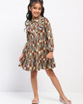 Girls Brown Abstract Print Fit and Flare Dress